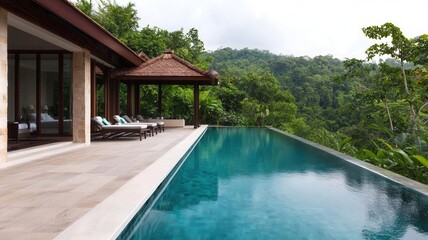 Obraz premium Stunning villa with an infinity pool overlooking lush greenery and mountains, perfect for relaxation and luxury getaways.