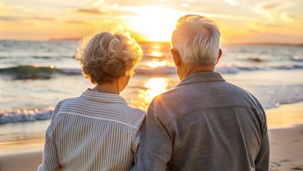 Senior Couple Watching Sunset on Beach.