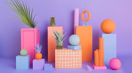 objects and shapes in different color arrangement and design isolated on purple and pink background