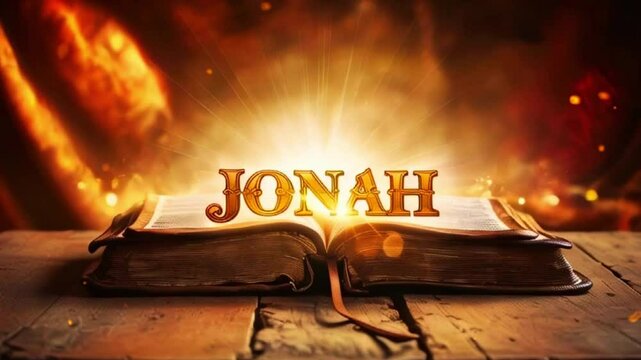 An open leather-bound book with the word "JONAH" illuminated in gold against a warm, glowing background.
