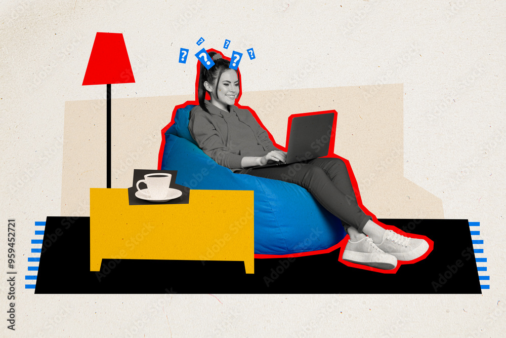 Poster Collage 3d pinup pop retro sketch image of doubtful unsure lady working apple samsung device isolated painting background