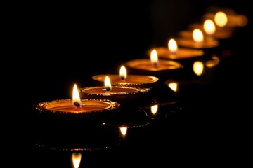 Diwali, Hindu festival of lights celebration. Diya oil lamps against dark background with generative ai
