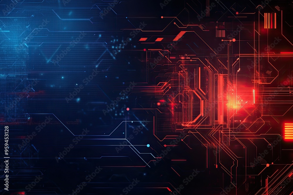 Wall mural abstract digital background with glowing circuit patterns in blue and red, representing technology a