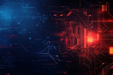 Obraz premium Abstract digital background with glowing circuit patterns in blue and red, representing technology and innovation.