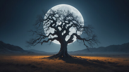 A solitary, spooky tree with twisted, sprawling branches stands alone in an open field under the light of a full moon. The tree’s contorted limbs stretch out in all directions, casting long, 