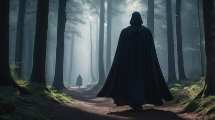 Naklejka premium A spectral phantom with a long, trailing cloak glides along a moonlit forest path. The cloak flows like liquid shadow, almost touching the ground as the phantom moves silently through the trees. 