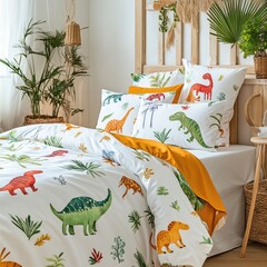 Playful dinosaur-themed bedding set adds a fun touch to any child's room, featuring vibrant colors and whimsical designs.