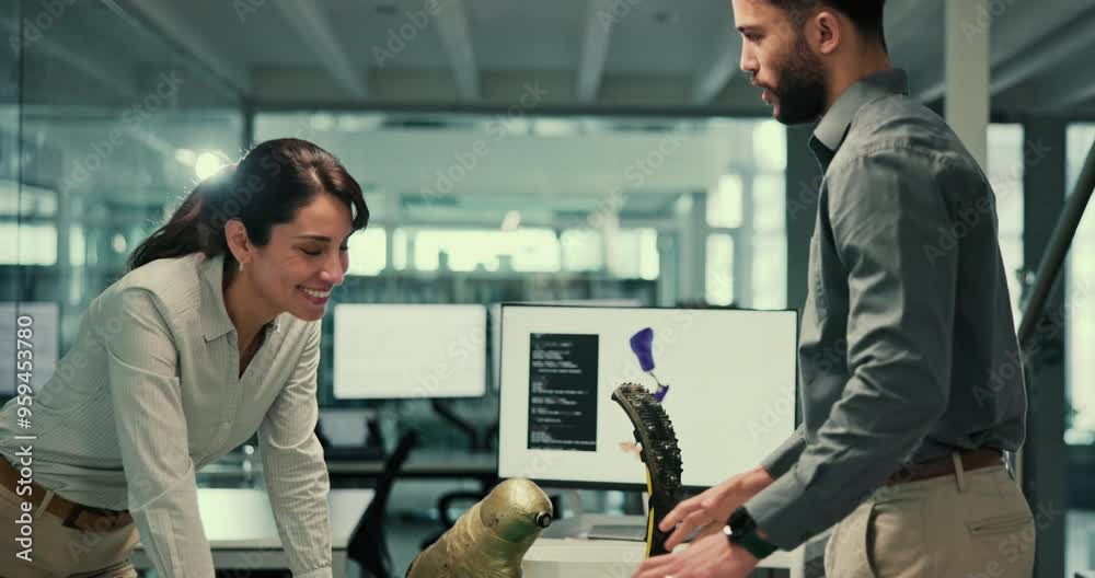 Poster woman, man and shaking hands at meeting for prosthetic design, blade or inspection of mobility aid f