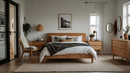 Fototapeta premium A Cozy Bedroom With Light Wood Furniture, White Walls, And Soft Textiles In A Scandinavian Design, Modern Bedroom