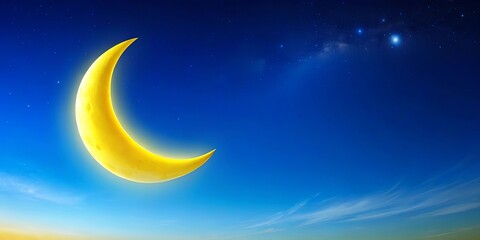 Naklejka premium A serene painting of a clear blue sky with a radiant yellow crescent moon in the center