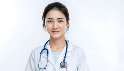 Fototapeta premium Female doctor portrait isolated on white transparent background, young woman with stethoscope 