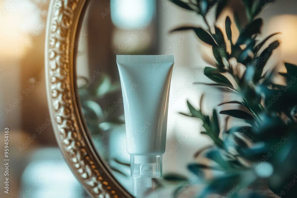 Poster a subtle reflection of a cream tube appears in a decorative mirror, enhanced by gentle lighting and 