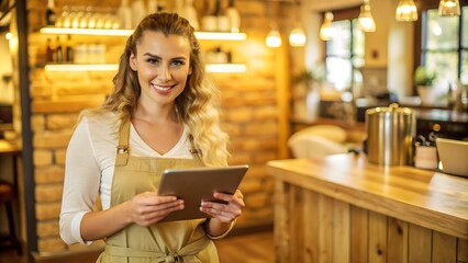 Smiling Waitress Using Tablet in Restaurant.
