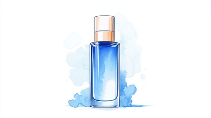 Intricate hand drawn cosmetic bottle with blue liquid and stylish cap, evoking sense of elegance and beauty.