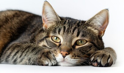 A close-up view of a relaxed tabby cat lying down, showcasing its striking green eyes and soft fur on a clean, white background.
