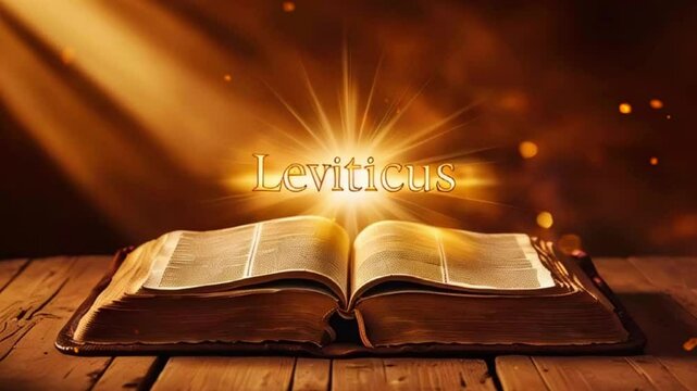 Open ancient book with light shining from center and "Leviticus" text.