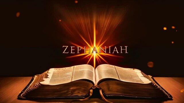 Open Bible with glowing light and "Zephaniah" inscribed above.