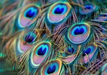 Obraz premium Detailed Image of Peacock Feathers, Eye Patterns, and Shimmering Texture 
