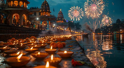 Fototapeta premium Floating Candles and Fireworks - Nighttime Celebration at a Temple by the Water