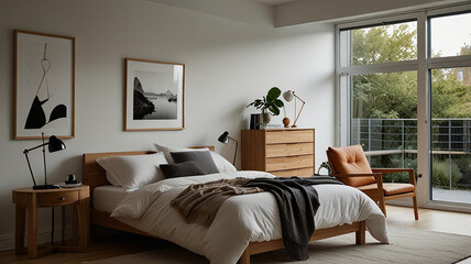 A Cozy Bedroom With Light Wood Furniture, White Walls, And Soft Textiles In A Scandinavian Design, Modern Bedroom
