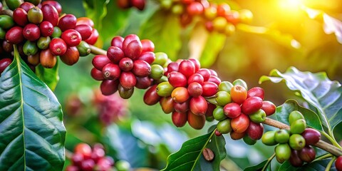 Close-up shot of coffee beans on a tree branch with green leaves in background, creating a vibrant and natural scene