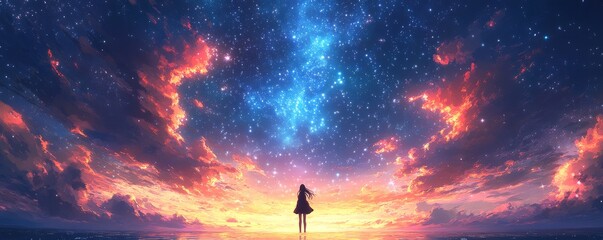 Fototapeta premium 星空の下、海に立つ少女