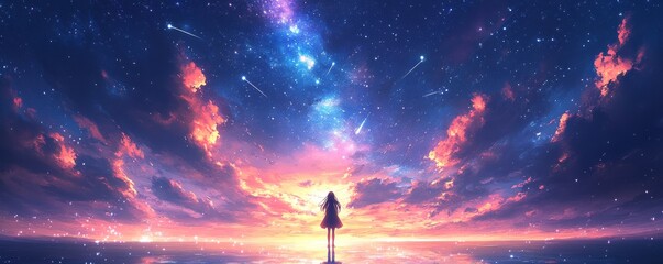 Fototapeta premium 星空の下、海に立つ少女