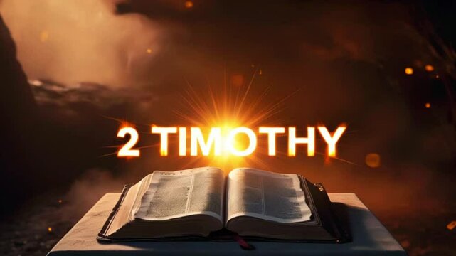 Open bible with 2 Timothy inscription and glowing light.