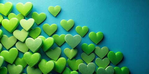 A close-up shot of multiple green hearts against a blue backdrop with a soft green wall in the background