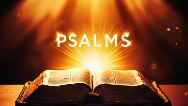 An open book with the word "Psalms" in glowing letters above. A bright light radiates from the book.