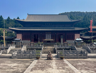 Main Hall at hisoric Fangguang Buddhist Temple in Shiliang Scenic Area, Tiantai, Taizhou, Zhejiang, China. Heritage and tourist attraction.