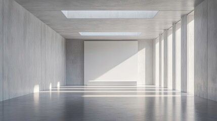 Minimalist Concrete Gallery with a White Canvas and Skylight