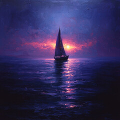 Fototapeta premium A lone sailboat sails towards a vibrant sunset on a calm sea.