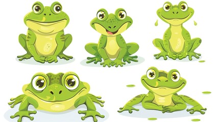 Obraz premium Set of cartoon hungry frog sad, smile, resting and hunting isolated on white background