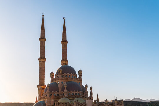 Beautiful Al Mustafa Mosque in Old Town of Sharm El Sheikh in Egypt, at sunset