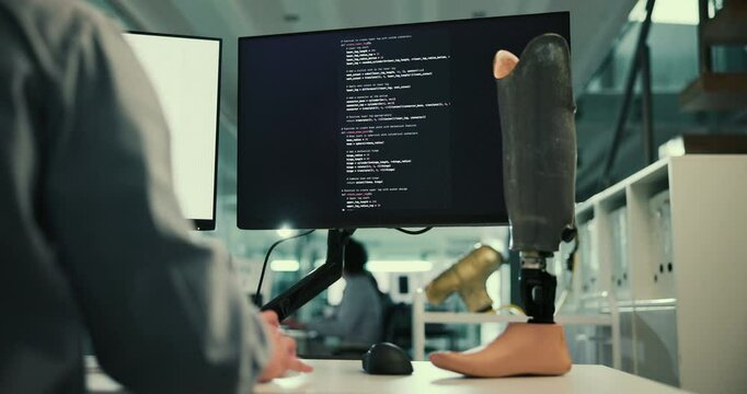 Robotics, development and person at computer screen with prosthetic leg, coding or innovation in laboratory. Future technology, medical engineering and programmer with data for artificial limb design