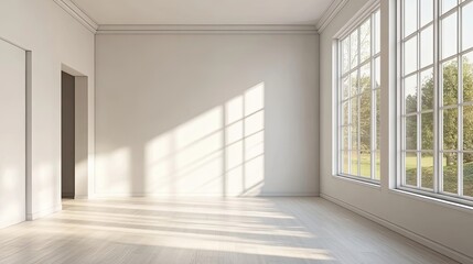 Fototapeta premium Empty Room with Large Windows and Sunlight Streaming Through
