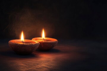Happy Diwali. Diya oil lamps against dark background with generative ai