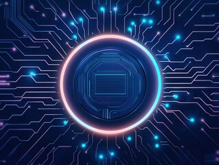 A futuristic digital circuit design featuring glowing elements and a central circular motif, perfect for technology themes.