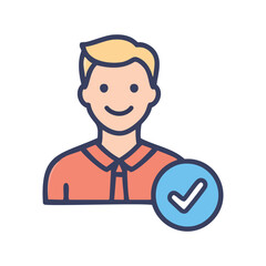 Approved user icon. Smiling man icon with blue checkmark, indicating approval, confirmation, or verification.