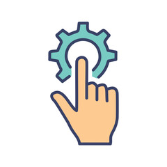Hand pressing gear. Hand pressing a gear, suggesting customization, setting, configuration, or control.