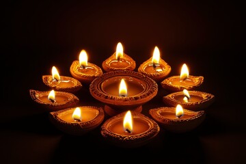 Happy Diwali. Diya oil lamps against dark background with generative ai