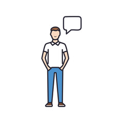 Man thinking speech bubble. Man standing with hands in pockets thinking, illustrated with a speech bubble above his head.