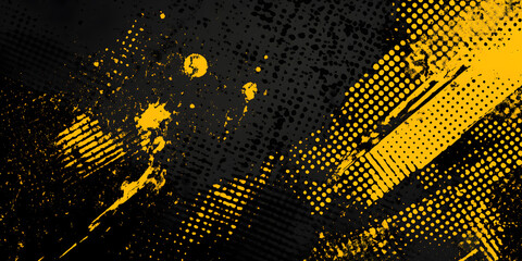 yellow spots, splashes and dotted paint marks on a black background. grunge texture of old...