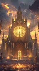 Fototapeta premium Fantasy Cathedral with Golden Clock and Open Door in a Sunset Sky