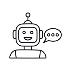 Chatbot robot icon. Friendly robot with a speech bubble, representing communication, assistance, and automation.