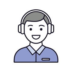 Happy customer support icon. Smiling person wearing headset, representing customer service, assistance, and support. Perfect for websites and apps needing a friendly, helpful image.