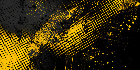 yellow spots, splashes and dotted paint marks on a black background. grunge texture of old background