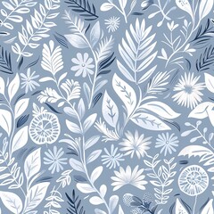 Fototapeta premium 07250736 01. A seamless doodle botanicals pattern featuring intricate floral designs in a winter color palette of pale dusty blue and white