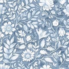 07250736 01. A seamless doodle botanicals pattern featuring intricate floral designs in a winter color palette of pale dusty blue and white